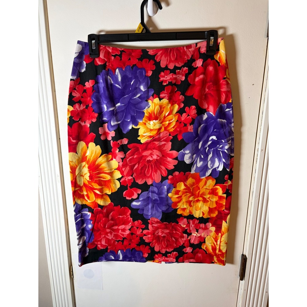 City Silk Stretch Floral Pencil Skirt Red Purple Yellow Cotton Blend Size 12